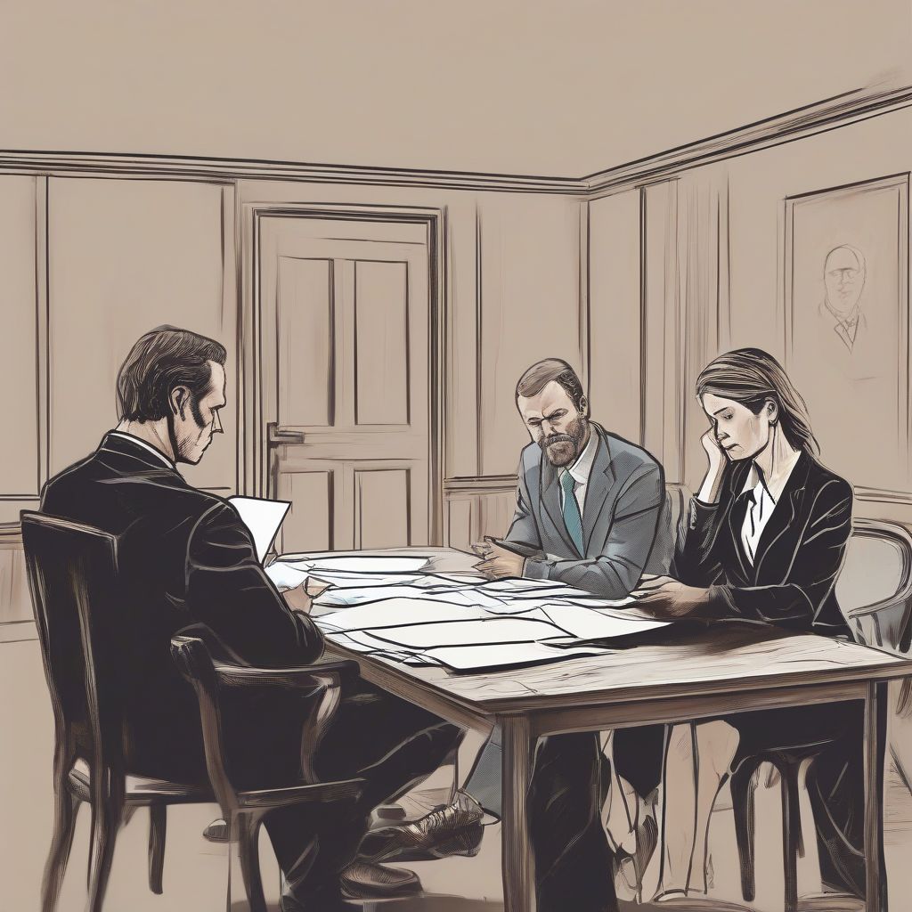 Parents seated at a table, distressed, while a lawyer in a suit presents documents, illustrating a consultation about a birth injury case.